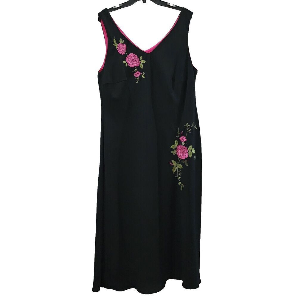 Vintage SL Fashions Black Dress Embroidery Pullover Sleeveless Sz18W Made in USA